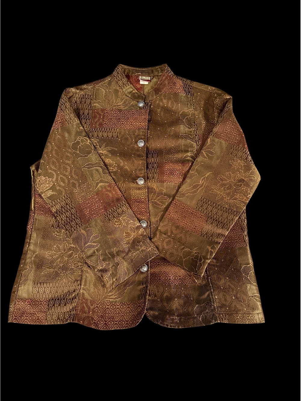 Vtg 90s Tudor Court Haband Tapestry Jacket L Brown Shiny Brocade Mandarin Collar
